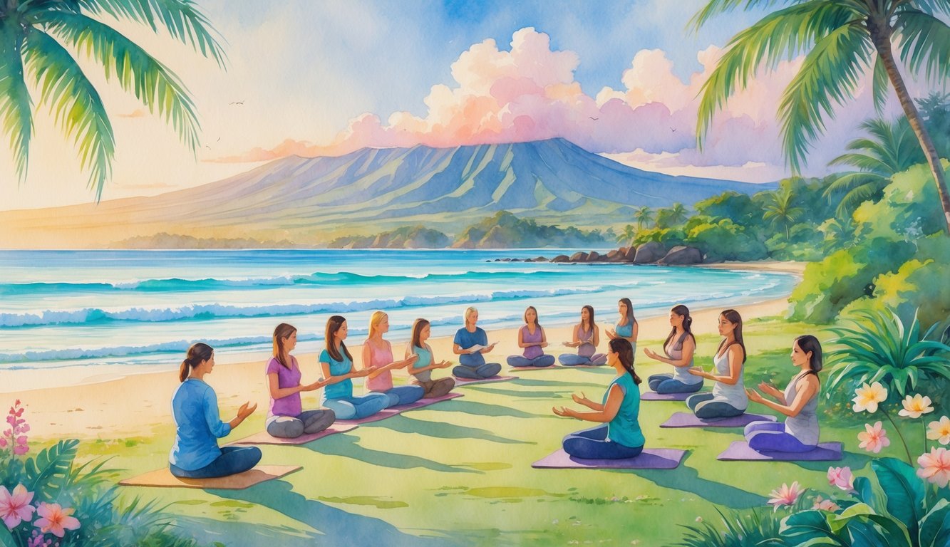 People practicing sound healing with instruments on a peaceful Hawaiian beach surrounded by tropical plants and mountains.