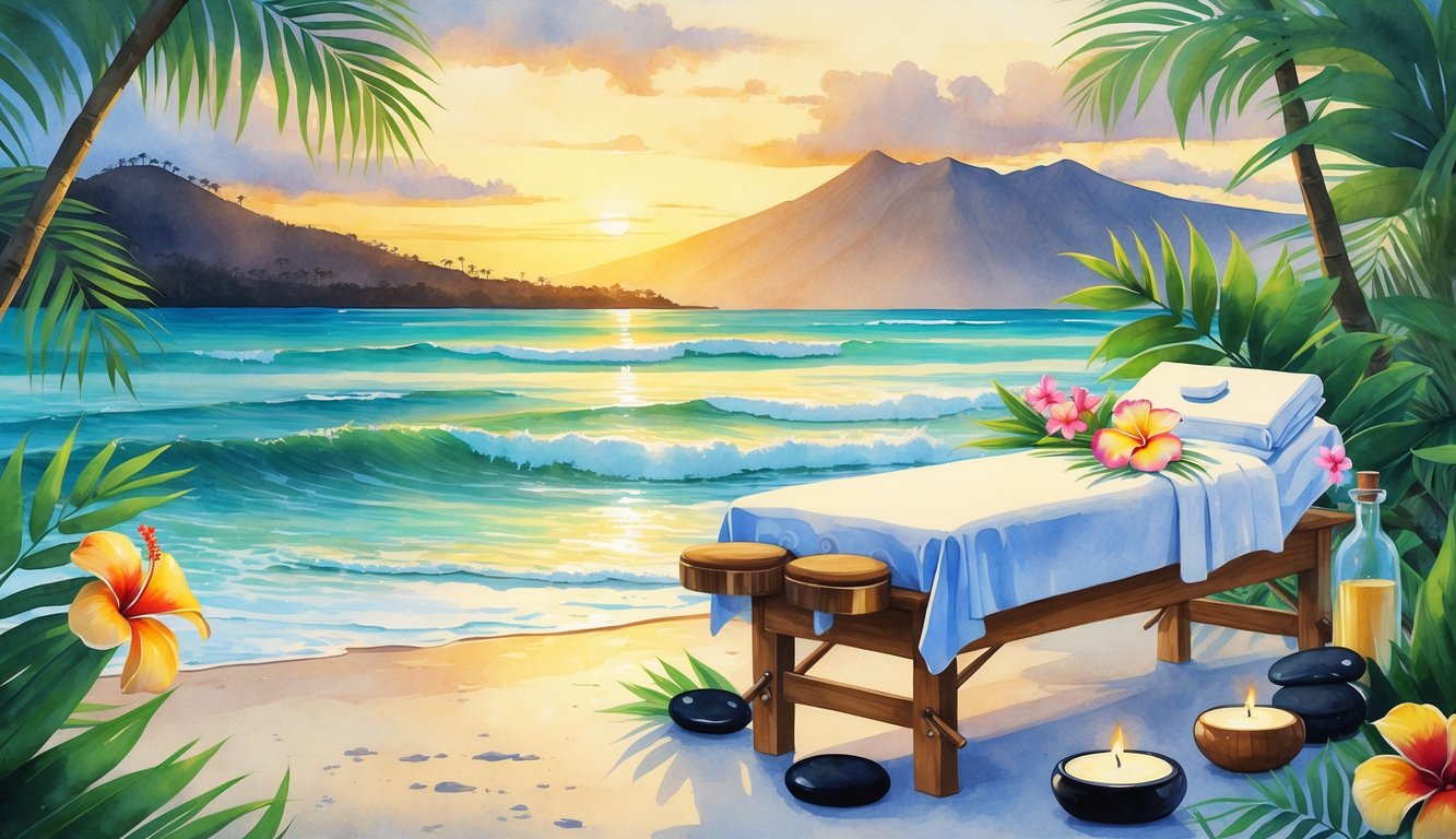 A peaceful tropical beach with a massage table, tropical flowers, palm trees, and calm ocean waves at sunset.