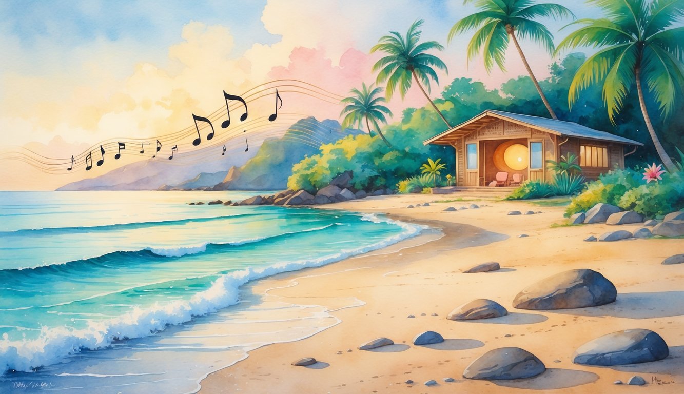 A peaceful coastal scene on Oahu with a small wooden healing center surrounded by palm trees and tropical plants near a calm ocean at sunrise or sunset.