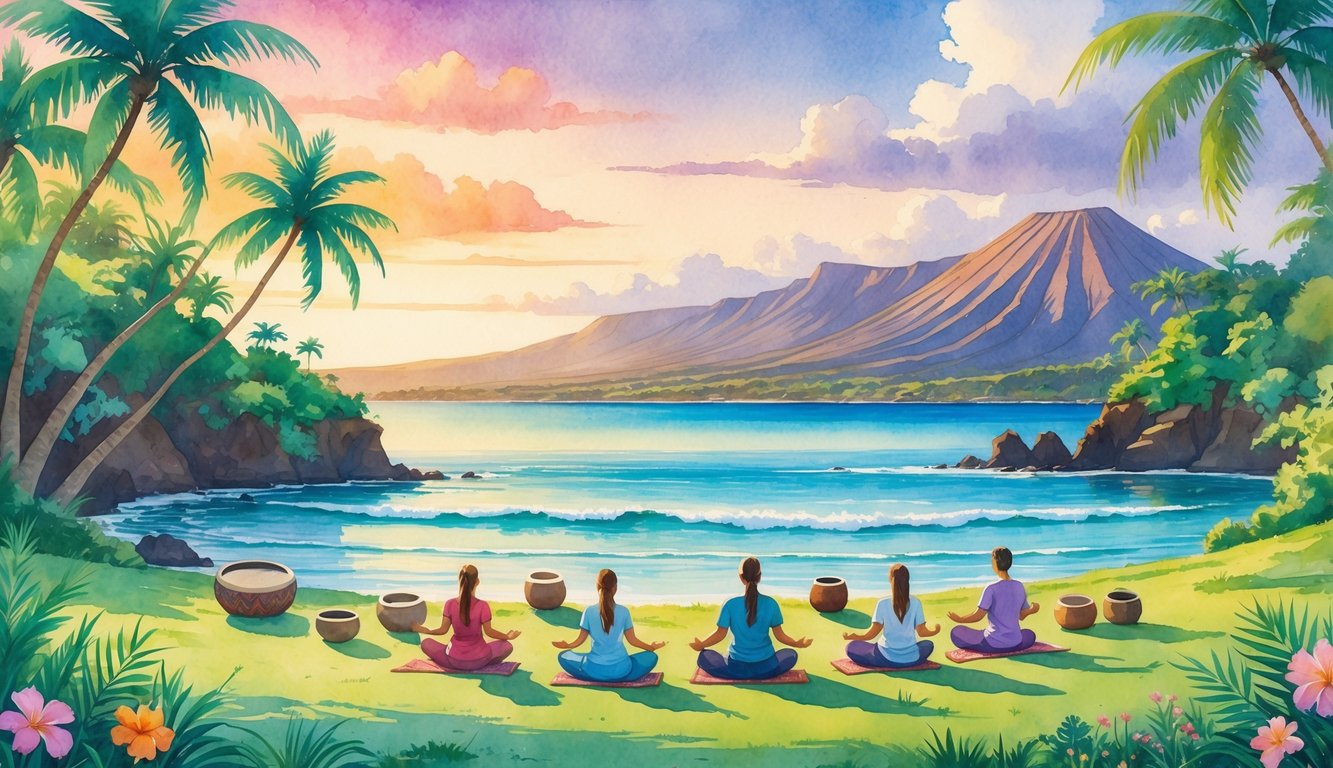 A group of people sitting near the ocean on the Big Island of Hawaii surrounded by palm trees and mountains, engaging in a peaceful sound healing session with traditional instruments.