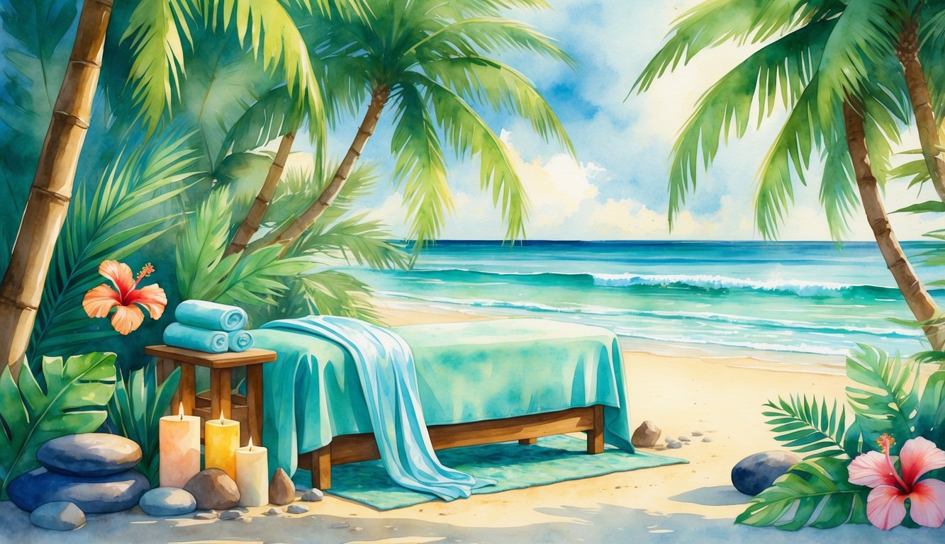 A peaceful beachside massage setup with a table surrounded by palm trees and tropical flowers near gentle ocean waves.