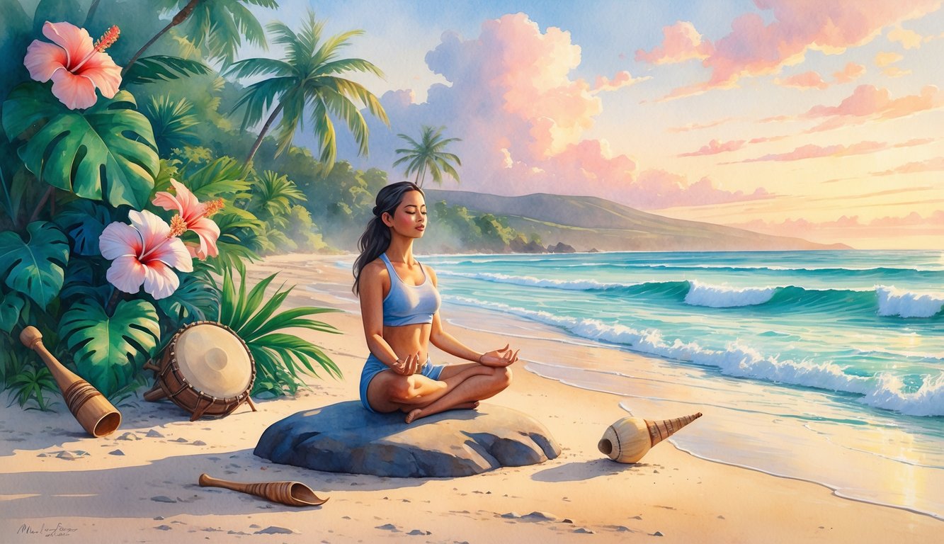 A person meditating on a rock by a calm Hawaiian beach at sunrise, surrounded by tropical plants and traditional sound healing instruments on the sand.