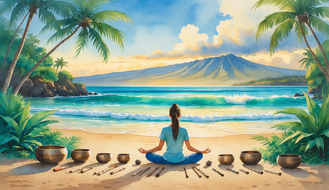 A person meditating on a Hawaiian beach surrounded by sound healing instruments with palm trees, mountains, and ocean waves in the background.