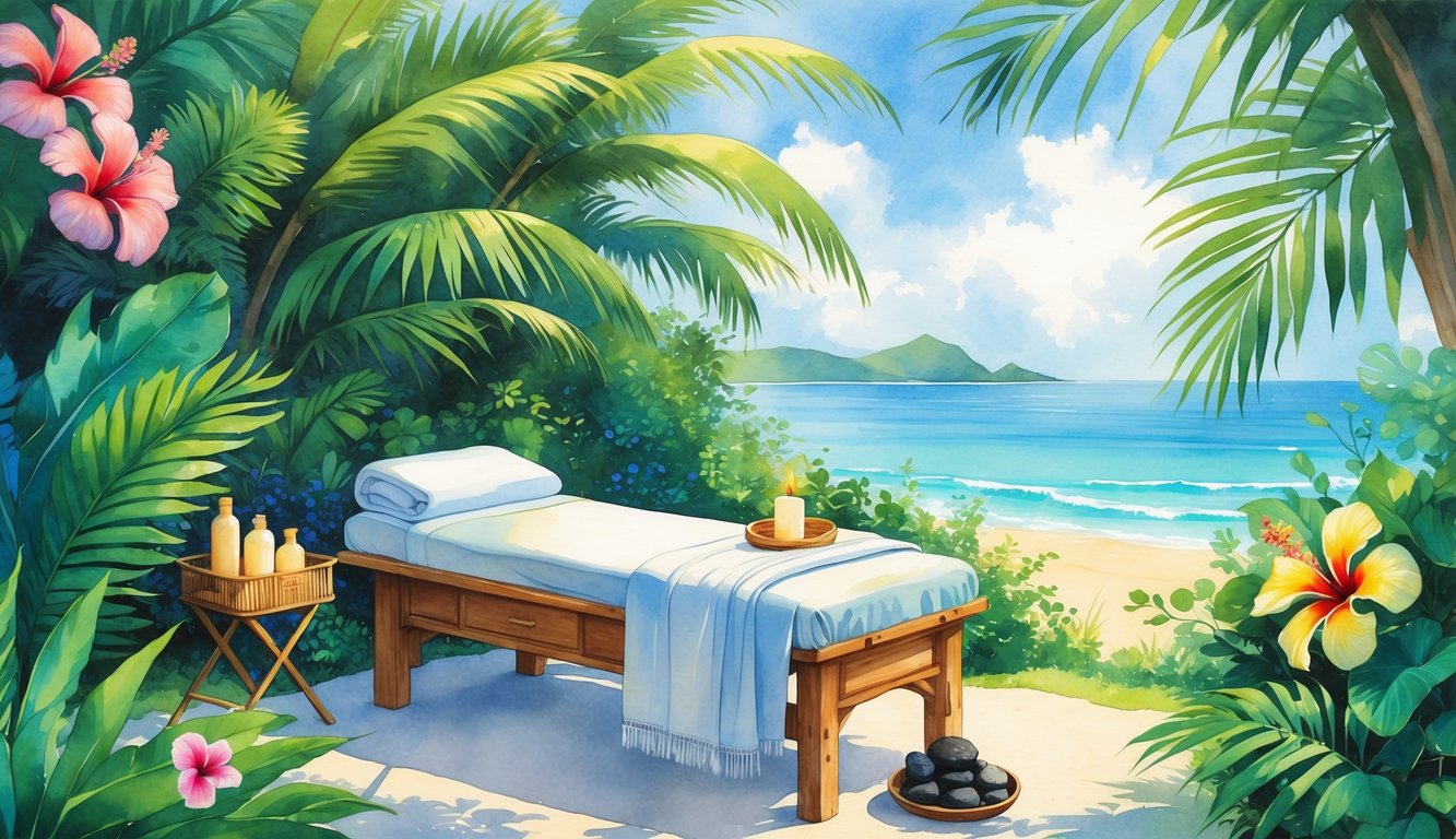 A peaceful outdoor massage setup surrounded by tropical plants with a view of the ocean and distant islands.