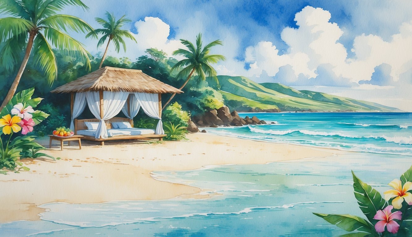 A peaceful tropical beach scene with a bamboo cabana, palm trees, colorful flowers, and gentle waves under a clear sky.