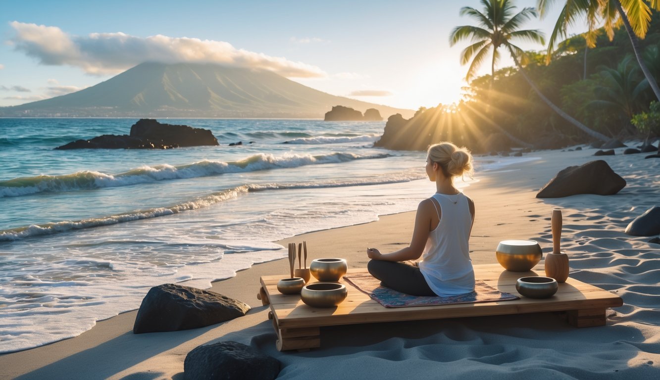 A person sitting on a wooden platform by a Hawaiian beach surrounded by sound healing instruments, with palm trees, ocean waves, and mountains in the background.