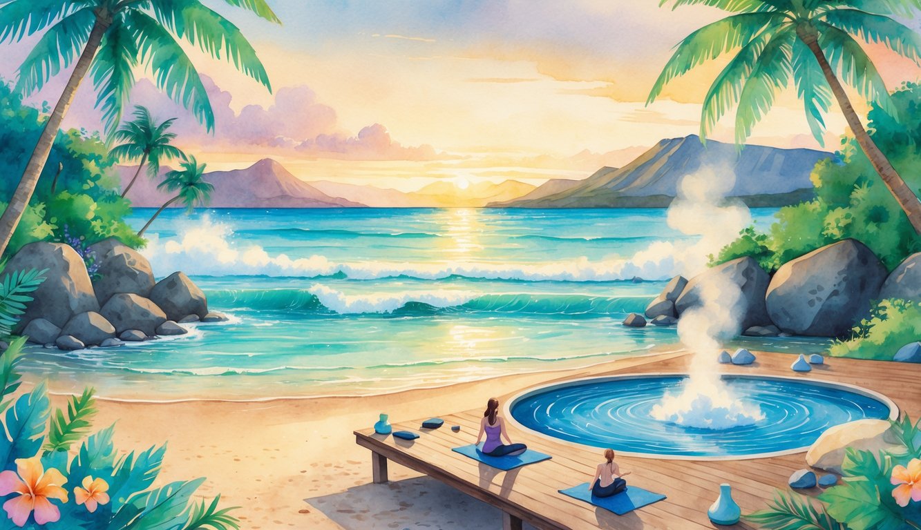 A peaceful Hawaiian beach at sunrise with people practicing yoga on a wooden deck, surrounded by palm trees, flowers, and distant mountains.