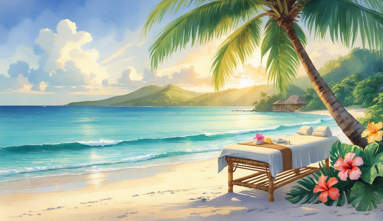 A peaceful tropical beach with a massage table under a palm tree surrounded by colorful flowers and green hills in the background.