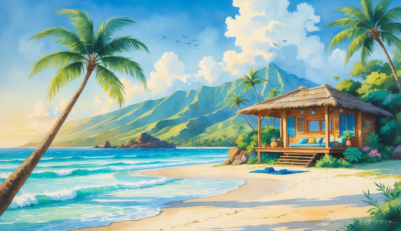 A peaceful Hawaiian island beach with palm trees, a beach hut, yoga mats, mountains, and calm ocean waves under a sunny sky.