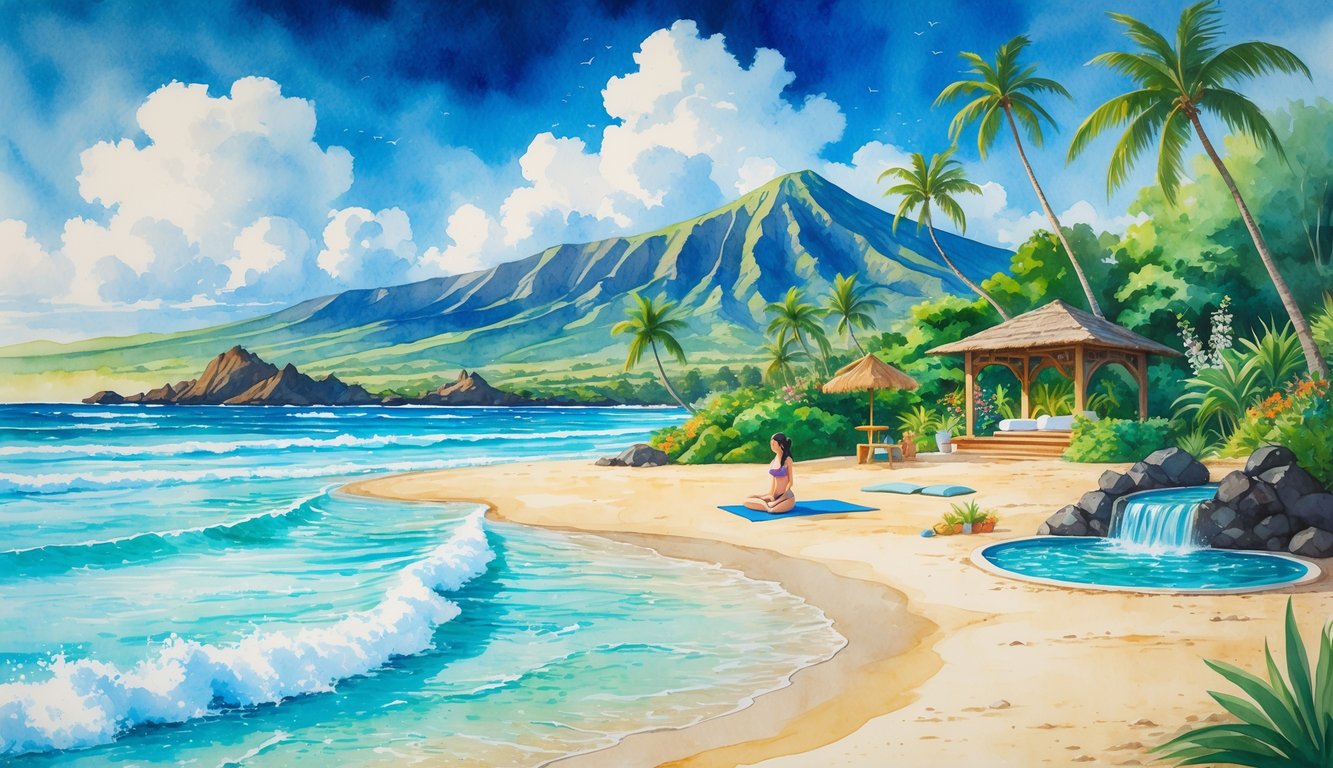 A peaceful Hawaiian beach with a person doing yoga, a spa setup with flowers and oils, a natural hot spring, palm trees, and volcanic mountains in the background.