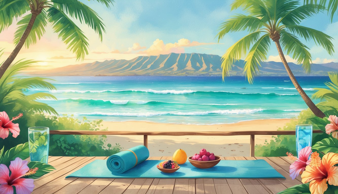 A peaceful tropical beach with a yoga mat, tropical fruits, and palm trees by calm ocean waves and distant mountains at sunrise.