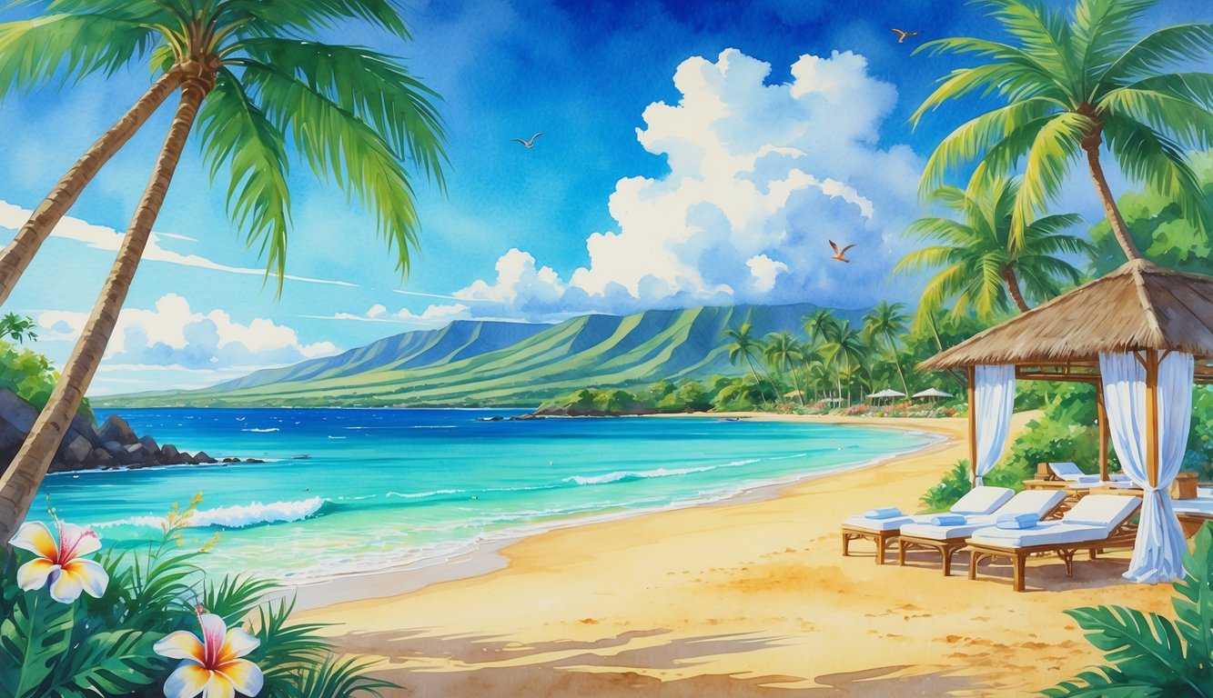 A peaceful beach resort in Hawaii with palm trees, clear blue ocean, sandy shore, tropical flowers, and mountains in the background.