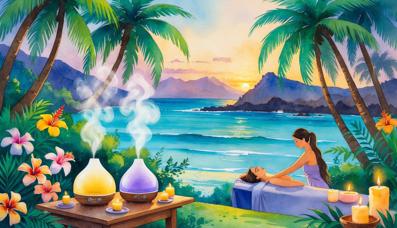 A tropical Hawaiian scene with palm trees, colorful flowers, a person receiving a massage surrounded by candles and aromatic herbs, and a calm ocean with mountains in the background.