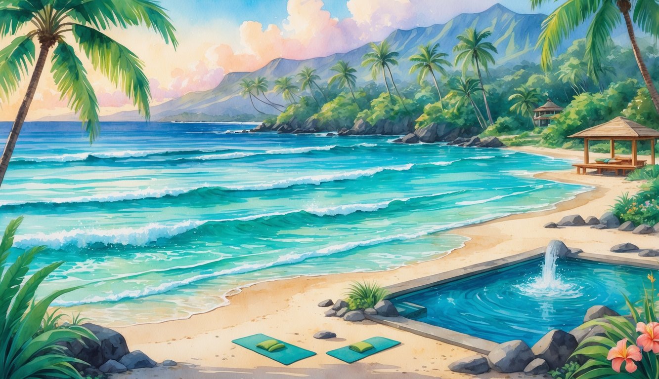 A peaceful tropical beachfront resort in Hawaii with palm trees, ocean waves, mountains, and a yoga area near a natural spring.
