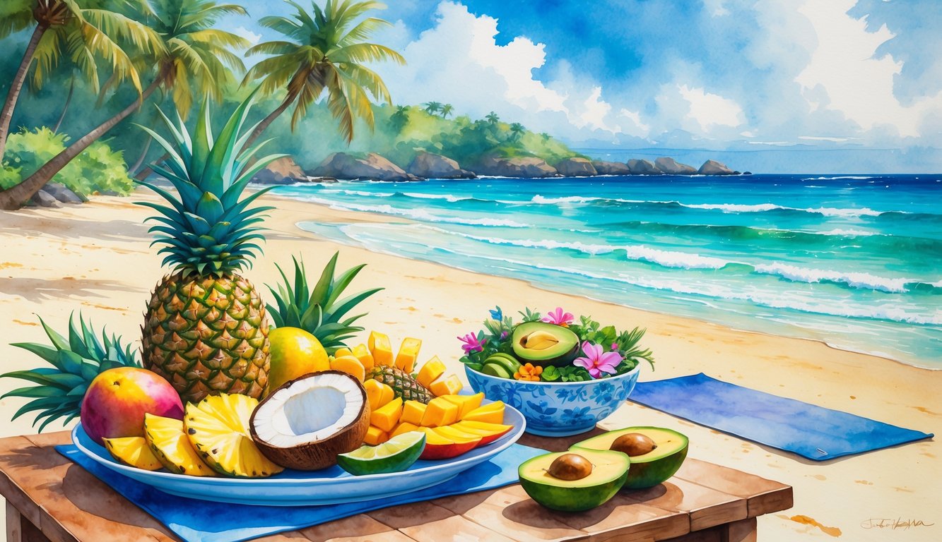A tropical beach scene with a table holding fresh tropical fruits and a bowl of salad, palm trees, and ocean waves in the background.