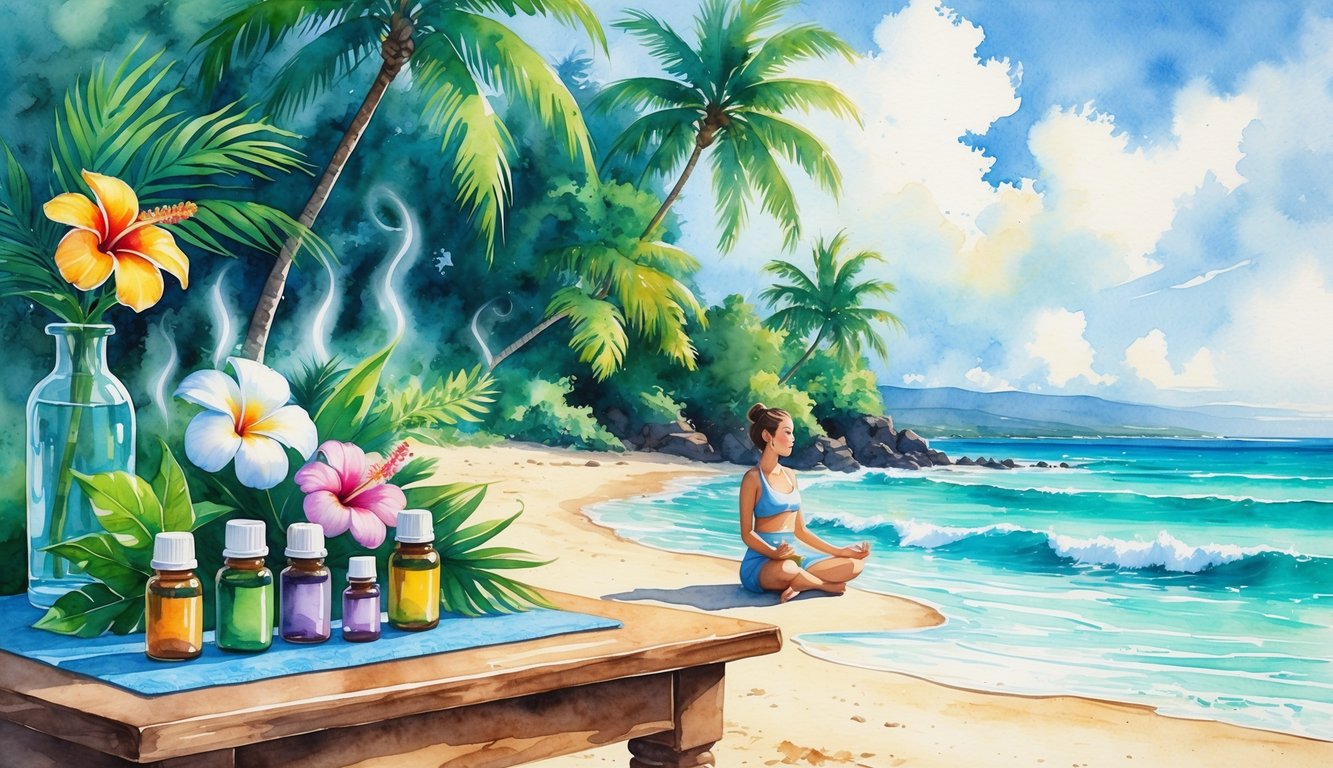 A peaceful beach scene with a person meditating near tropical flowers, essential oil bottles, and candles, surrounded by palm trees and ocean waves.