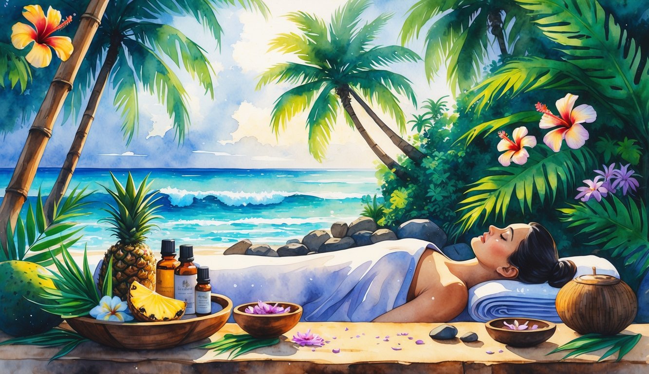 A peaceful spa scene in Hawaii with tropical plants, essential oils, and a person receiving a relaxing massage near the ocean.