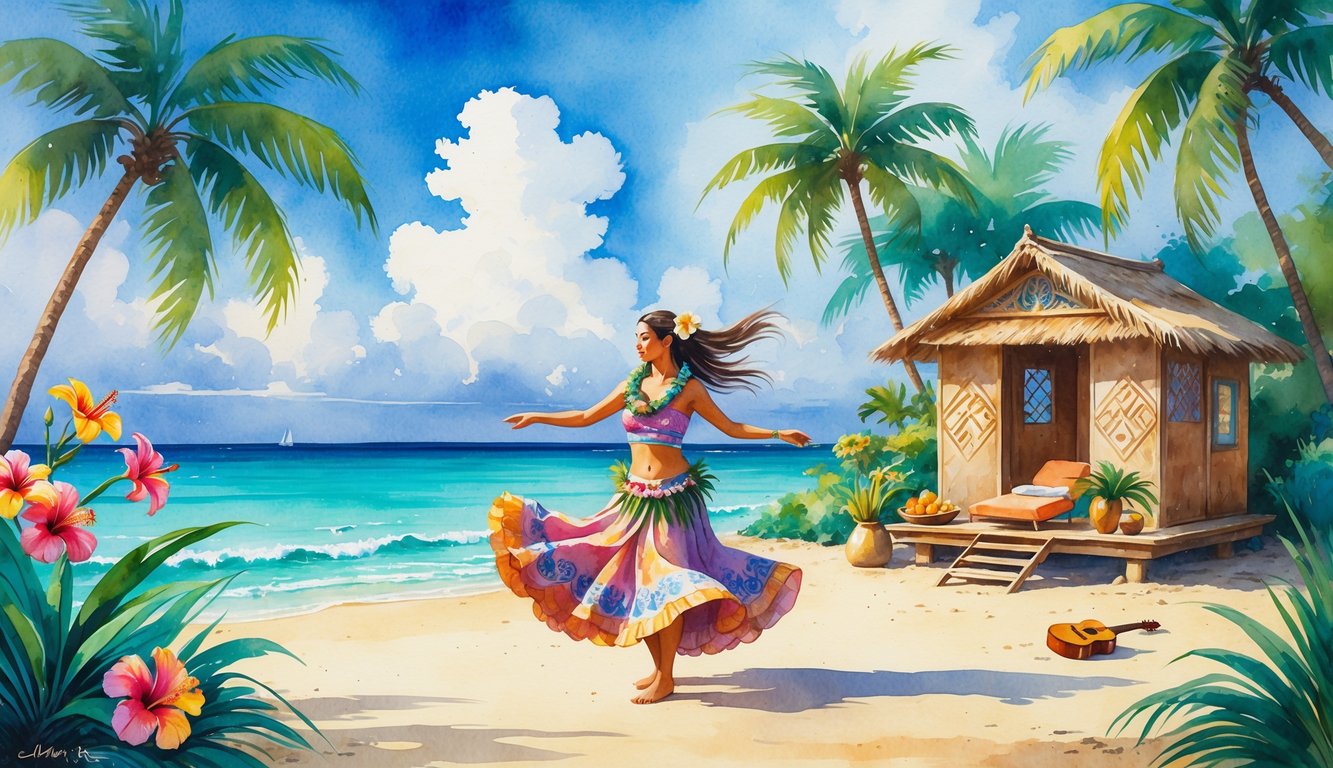 A Hawaiian woman dances on a beach surrounded by tropical plants, with the ocean and a small hut in the background.