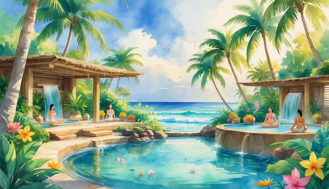 A peaceful tropical resort with palm trees, ocean view, spa areas, and people practicing yoga and meditation surrounded by lush greenery and colorful flowers.