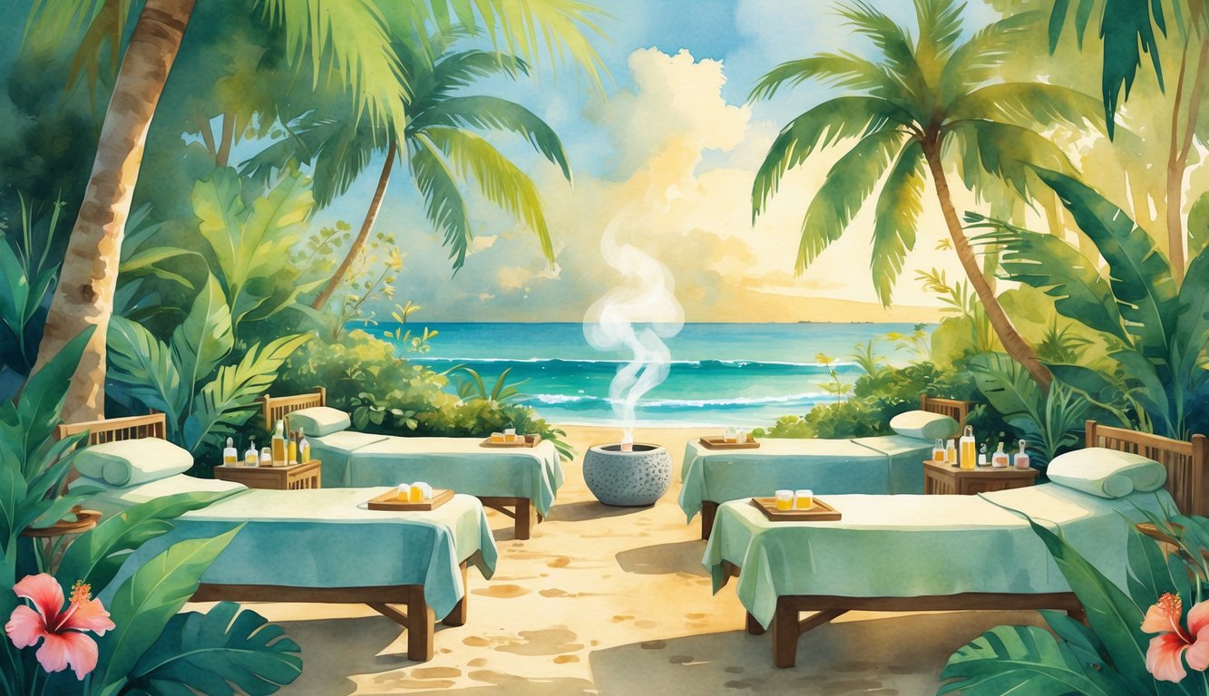 A peaceful outdoor spa setting in Hawaii with massage tables, tropical plants, and a calm ocean in the background.