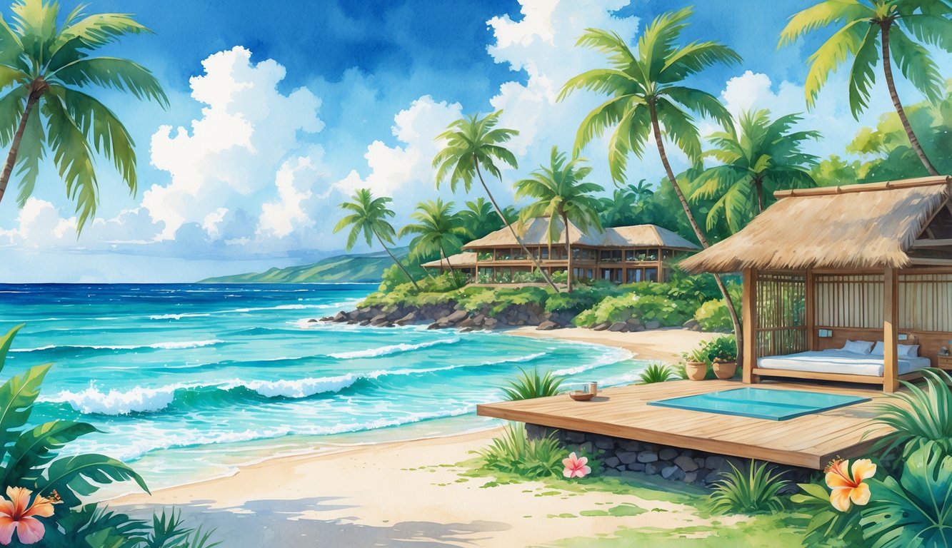 A peaceful beachfront resort in Hawaii surrounded by palm trees, tropical flowers, and clear ocean water with a yoga platform and spa area.