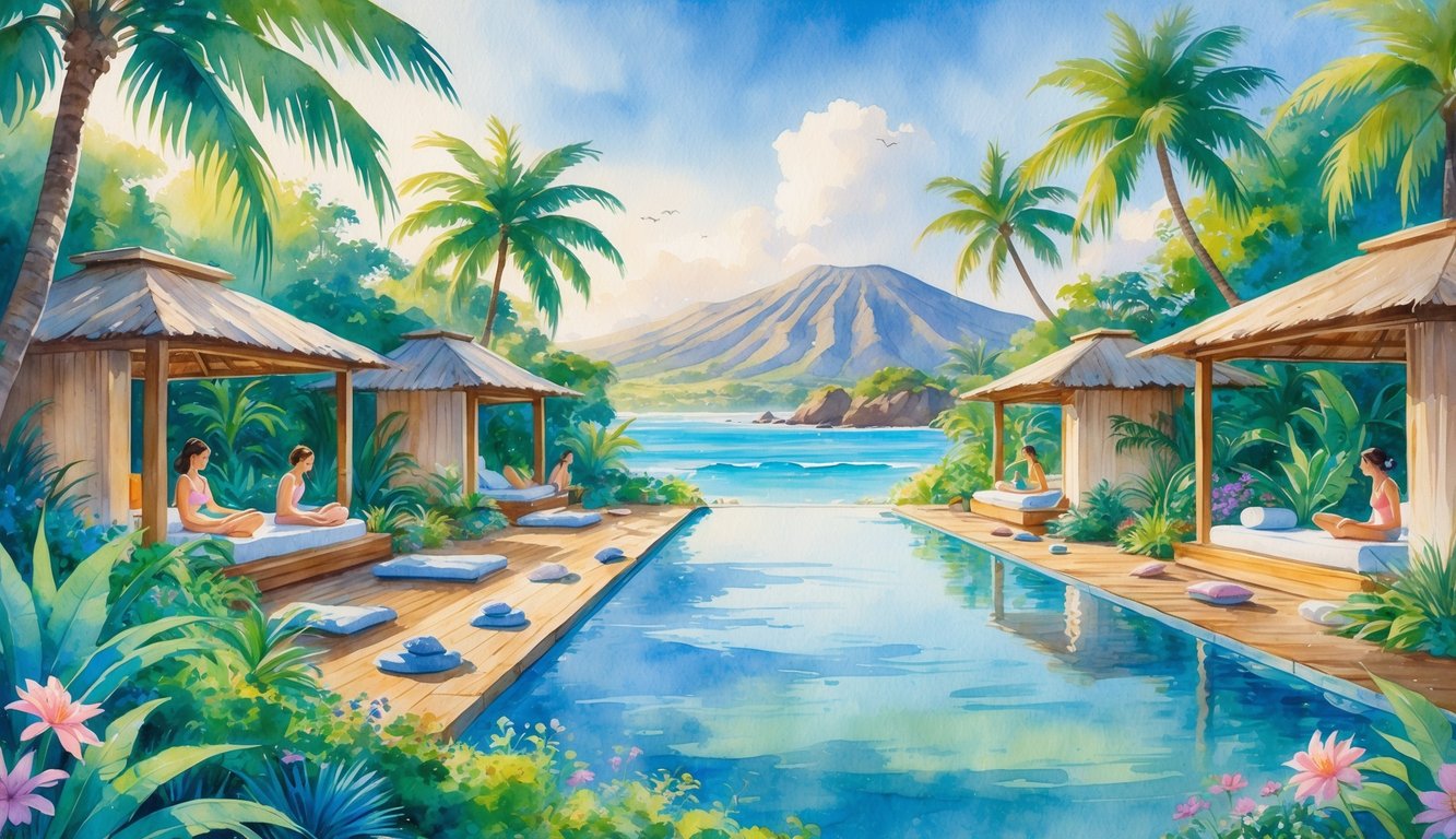 A peaceful Hawaiian resort with tropical gardens, an infinity pool, guests practicing yoga and meditation, and spa areas set against ocean and mountain views.