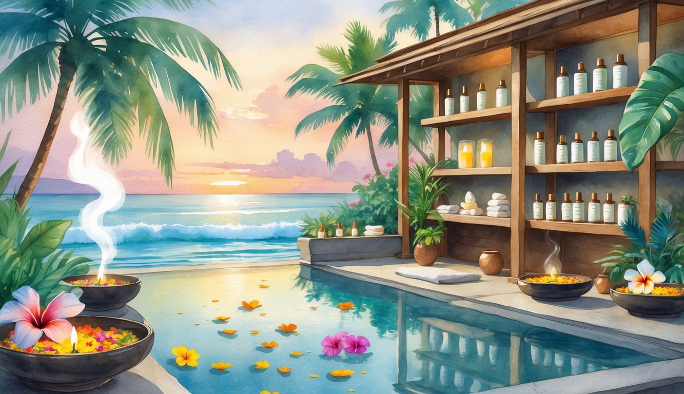 A peaceful outdoor spa area with tropical plants, essential oils, flower petals, and a reflecting pool by the ocean at sunset.
