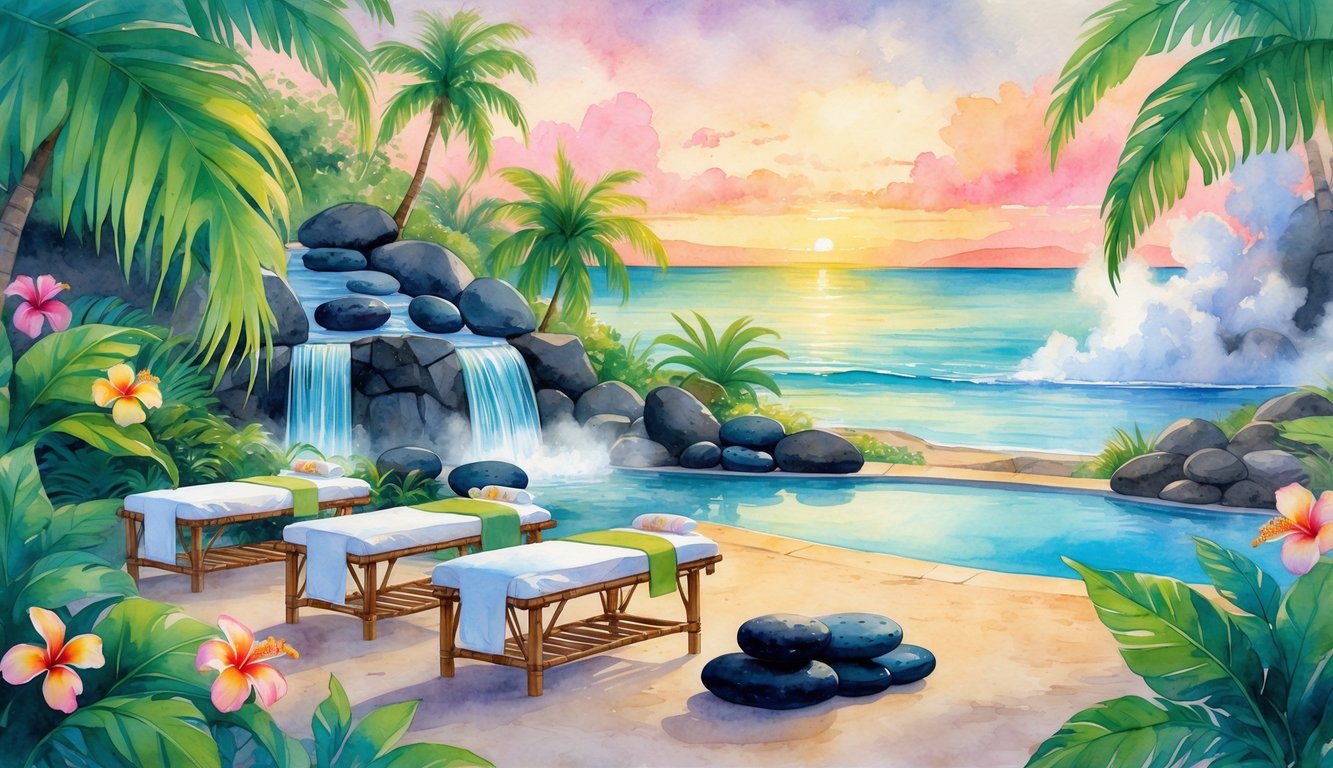 A peaceful tropical spa setting with massage tables, waterfalls, volcanic stones, palm trees, and a calm ocean at sunset.