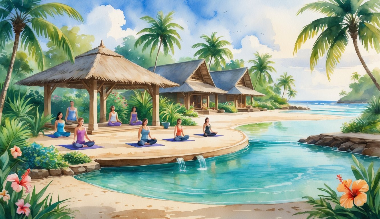A peaceful Hawaiian resort scene with people practicing yoga near tropical plants, a clear freshwater pool, traditional bungalows, palm trees, and a calm ocean in the background.