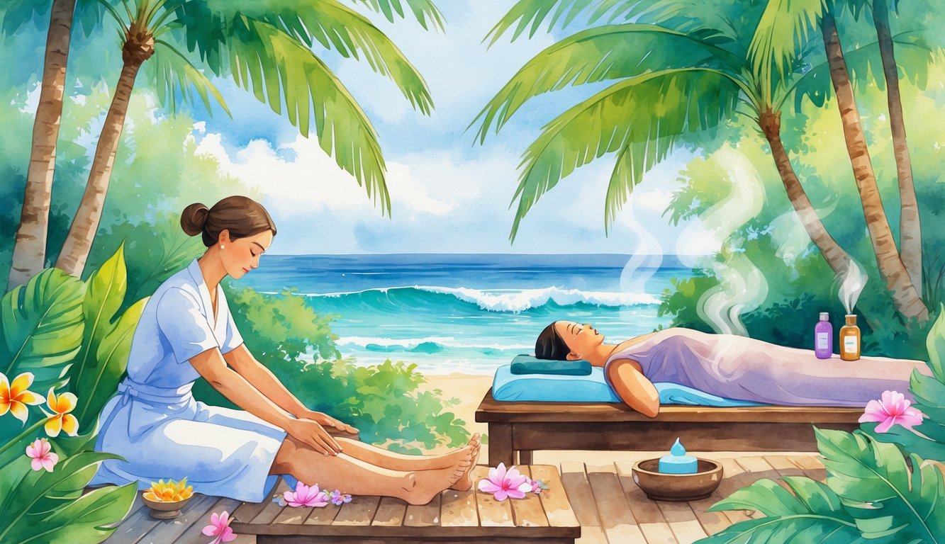 A peaceful outdoor spa scene in Hawaii with a person receiving a foot massage and another person lying on a massage table, surrounded by tropical plants and ocean views.