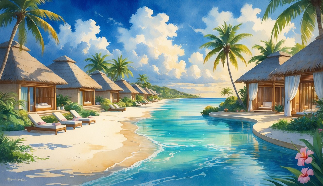 A peaceful beachfront resort with tropical plants, villas, a pool, and lounge chairs by the ocean at sunset.