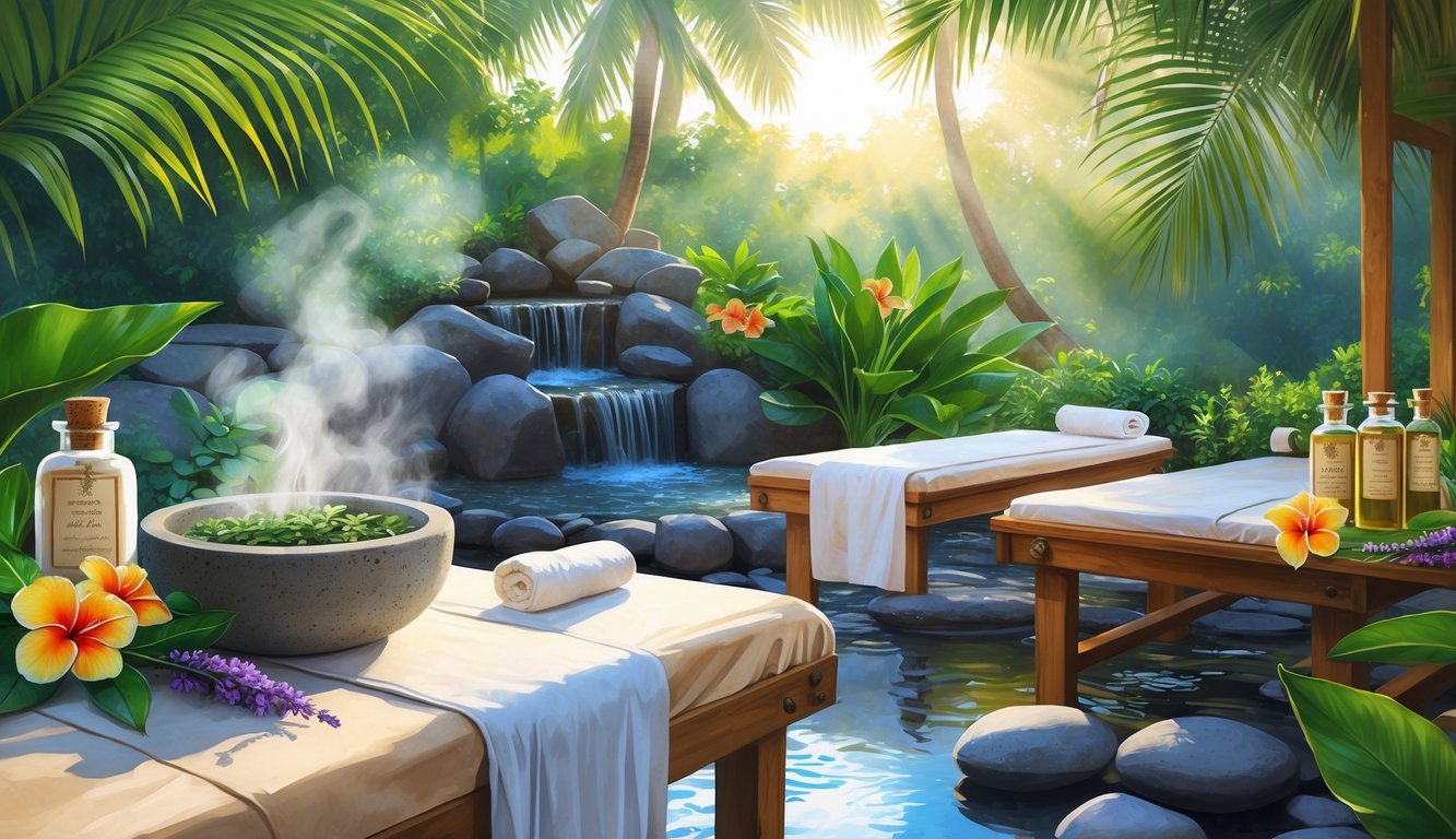 A peaceful outdoor spa setup in a Hawaiian garden with massage tables, tropical flowers, aromatic herbs, and apothecary bottles surrounded by palm trees and soft sunlight.