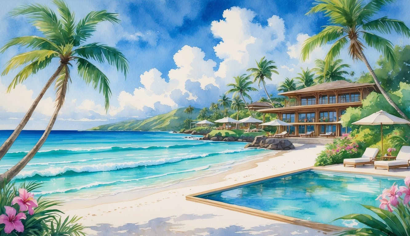 A tropical Hawaiian beach resort with palm trees, a yoga deck, an infinity pool, and clear blue ocean under a sunny sky.