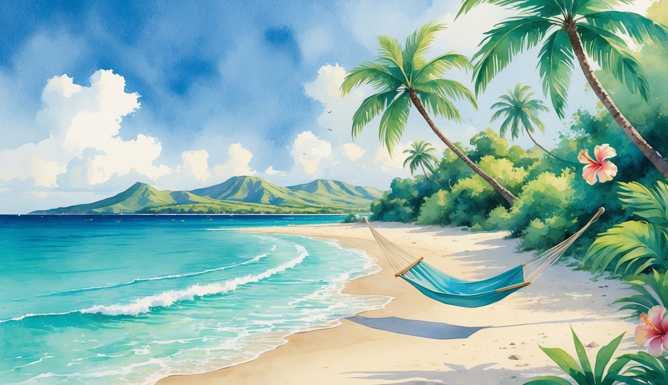 A quiet Hawaiian beach with white sand, clear blue water, palm trees, tropical flowers, distant mountains, and a hammock between two trees.