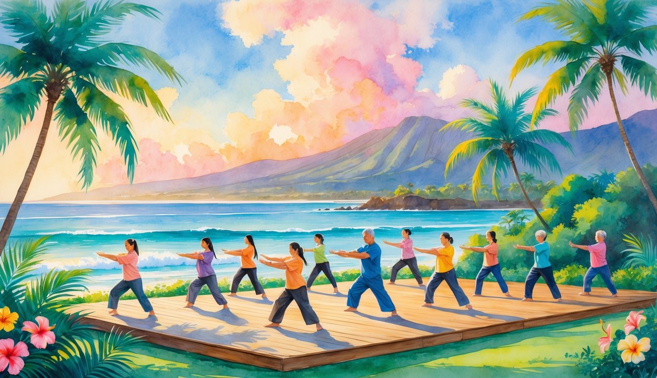 People practicing Tai Chi outdoors on a wooden platform surrounded by tropical plants, with ocean waves and mountains in the background.