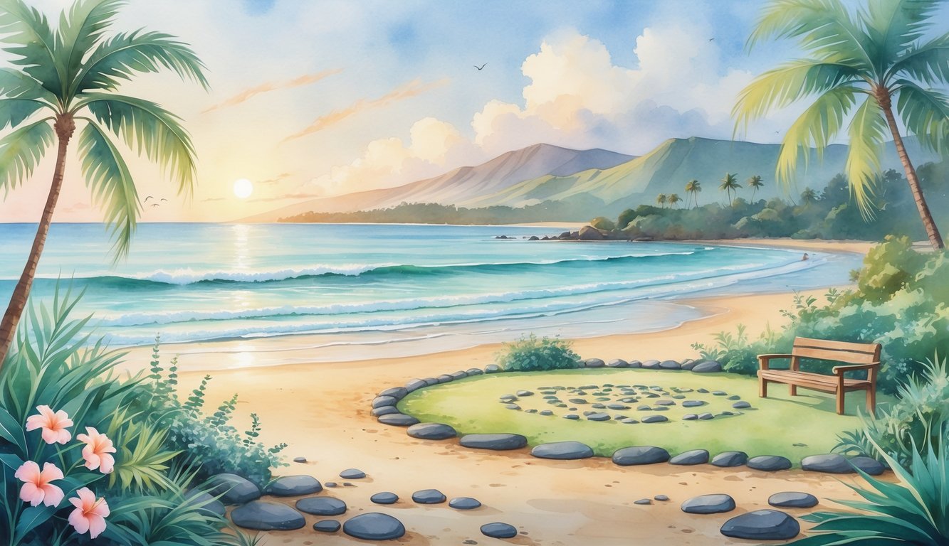 A peaceful Hawaiian beach at sunrise with gentle waves, palm trees, tropical flowers, a quiet garden with stones and a bench, and distant mountains under a clear sky.