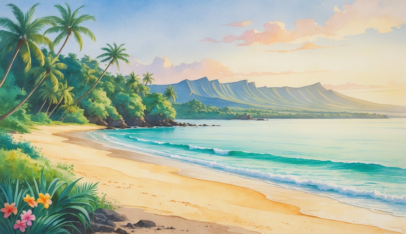 A quiet beach with clear blue water, palm trees, tropical plants, and distant mountains under a calm sky.