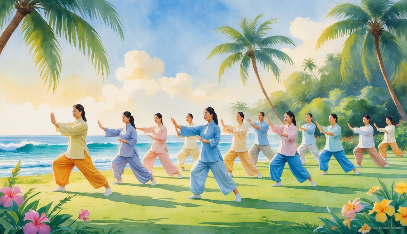 A group of people practicing Tai Chi outdoors near the ocean, surrounded by palm trees and tropical flowers.