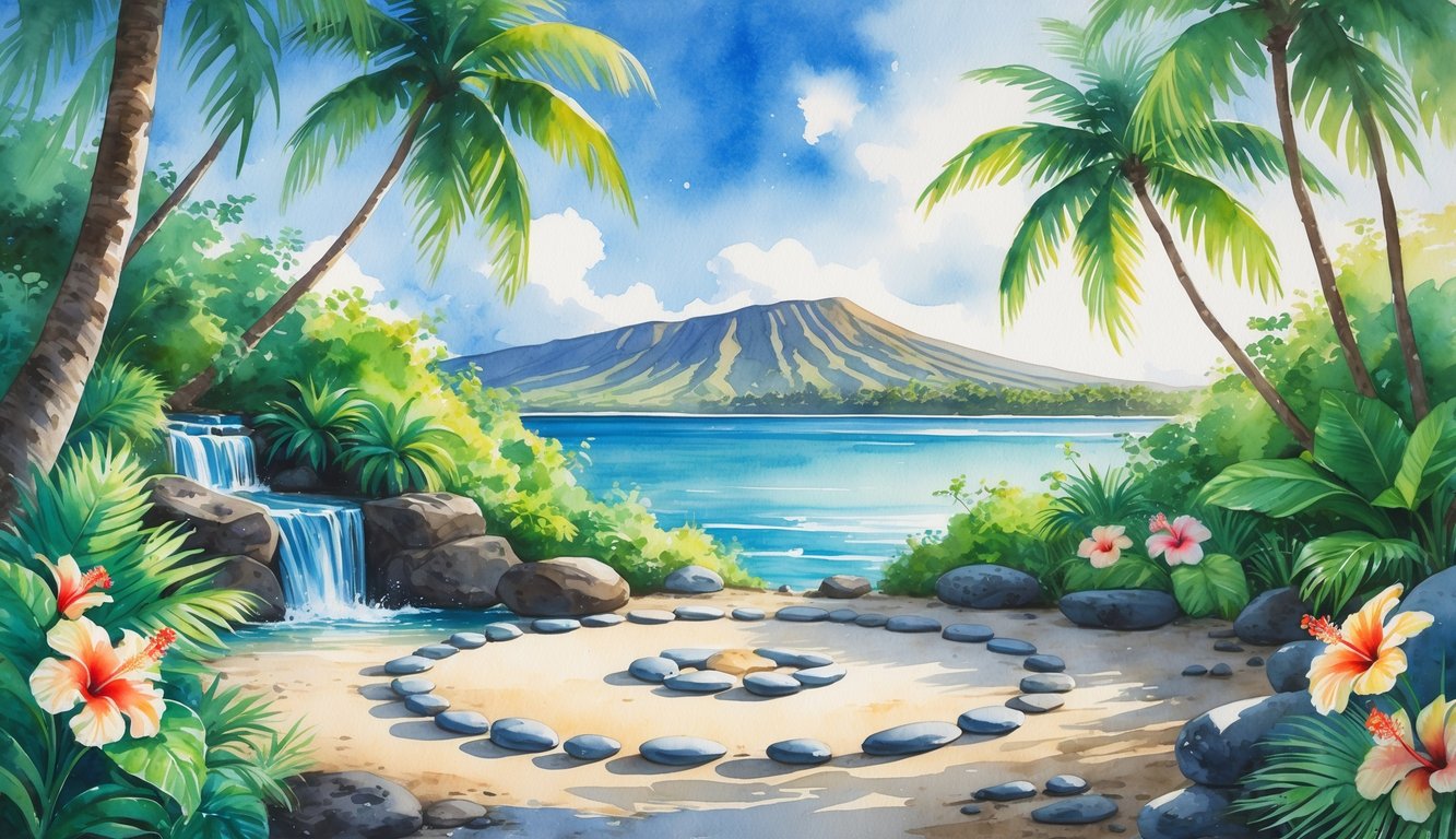 A peaceful outdoor healing space surrounded by tropical plants, flowers, a small stream, and distant volcanic mountains on the Big Island of Hawaii.