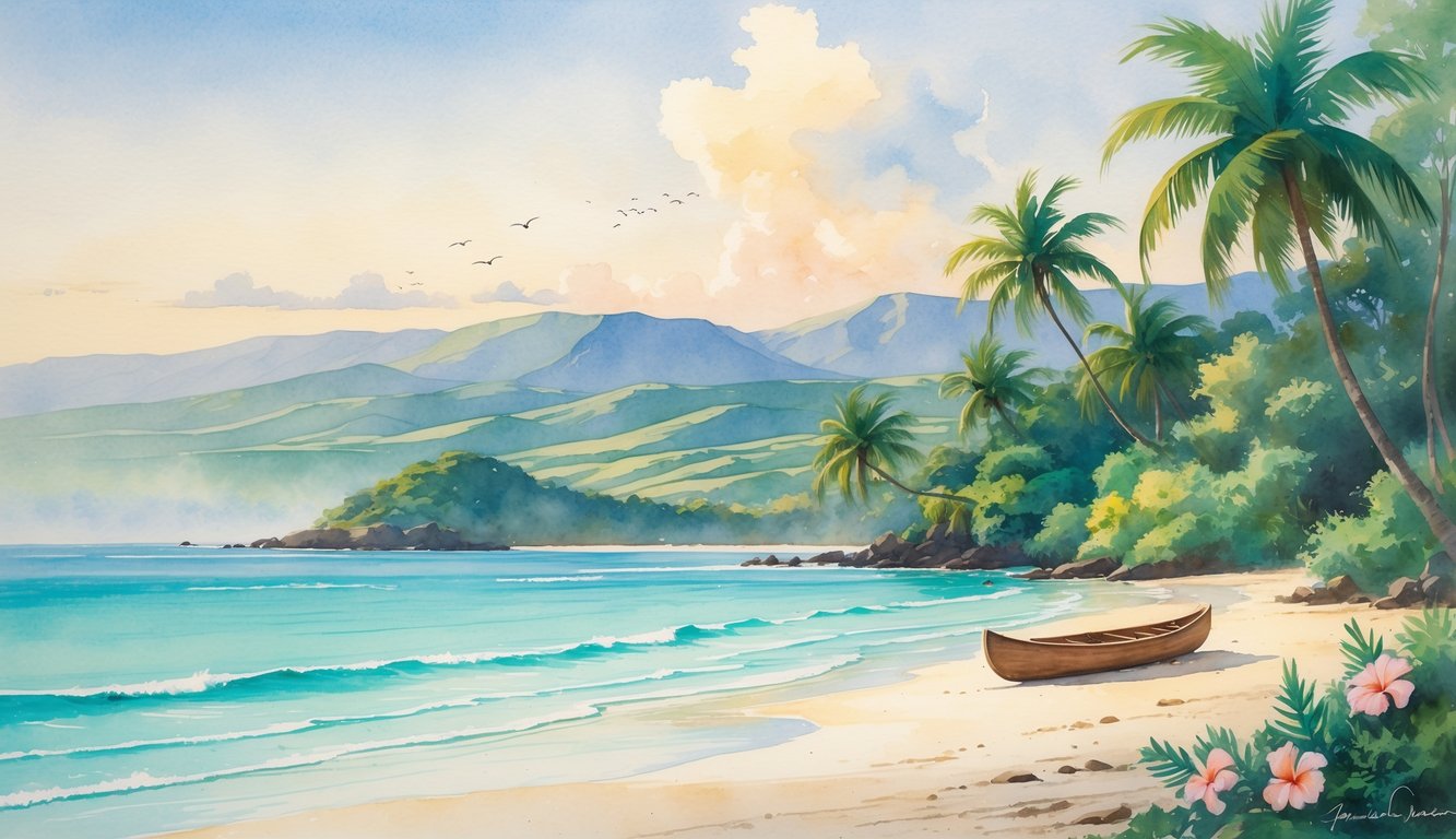 A peaceful secluded beach on Oahu with clear turquoise water, green palm trees, distant mountains, and a small wooden canoe on the shore.