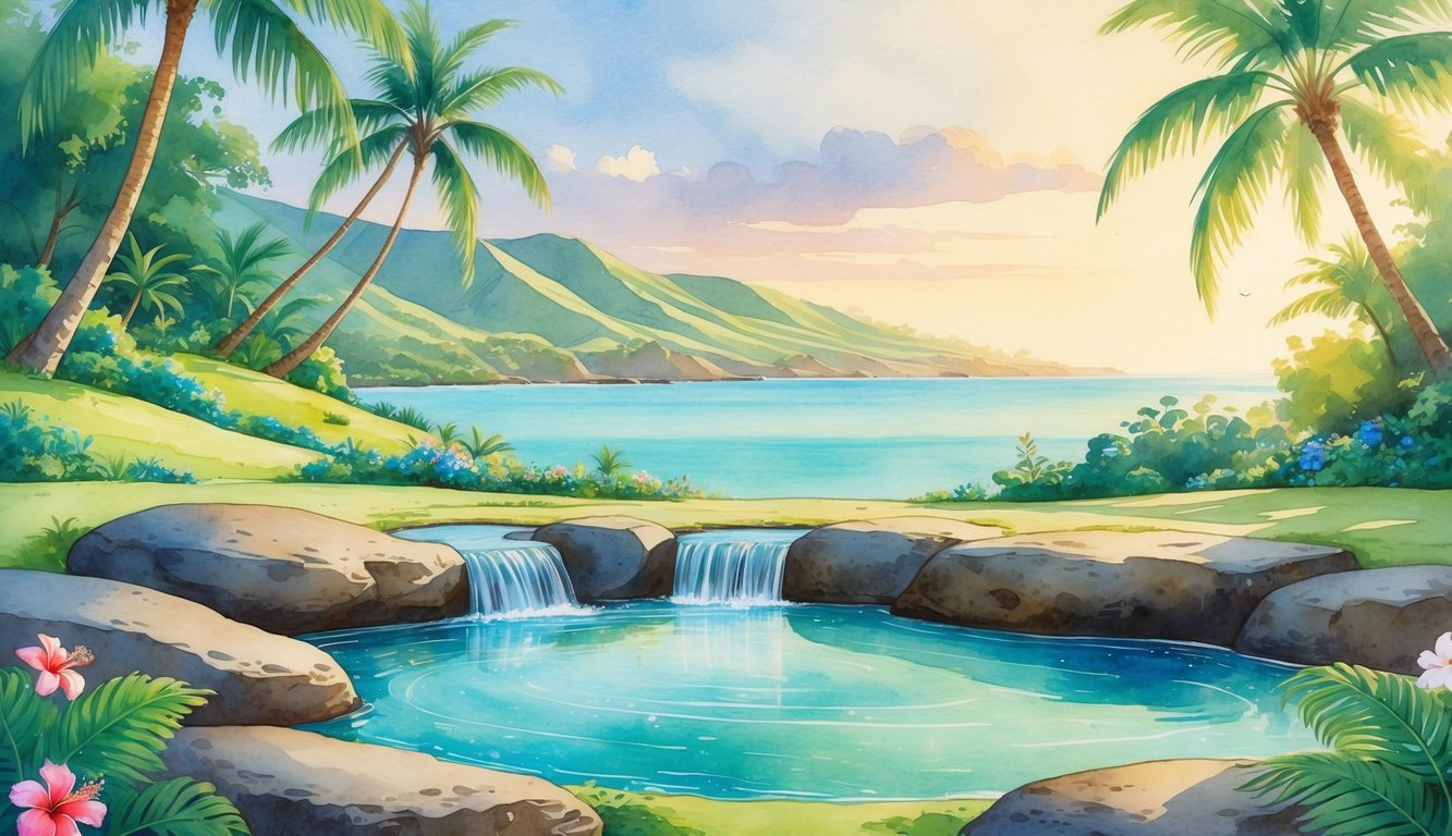 A peaceful tropical landscape on Maui with palm trees, a calm ocean, a waterfall flowing into a pool, and blooming flowers under a soft sunrise sky.