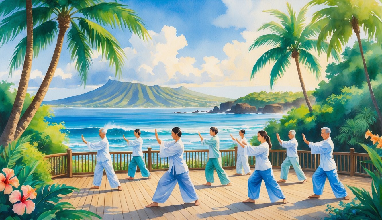 People practicing Tai Chi outdoors in a tropical garden near the ocean with palm trees and mountains in the background.
