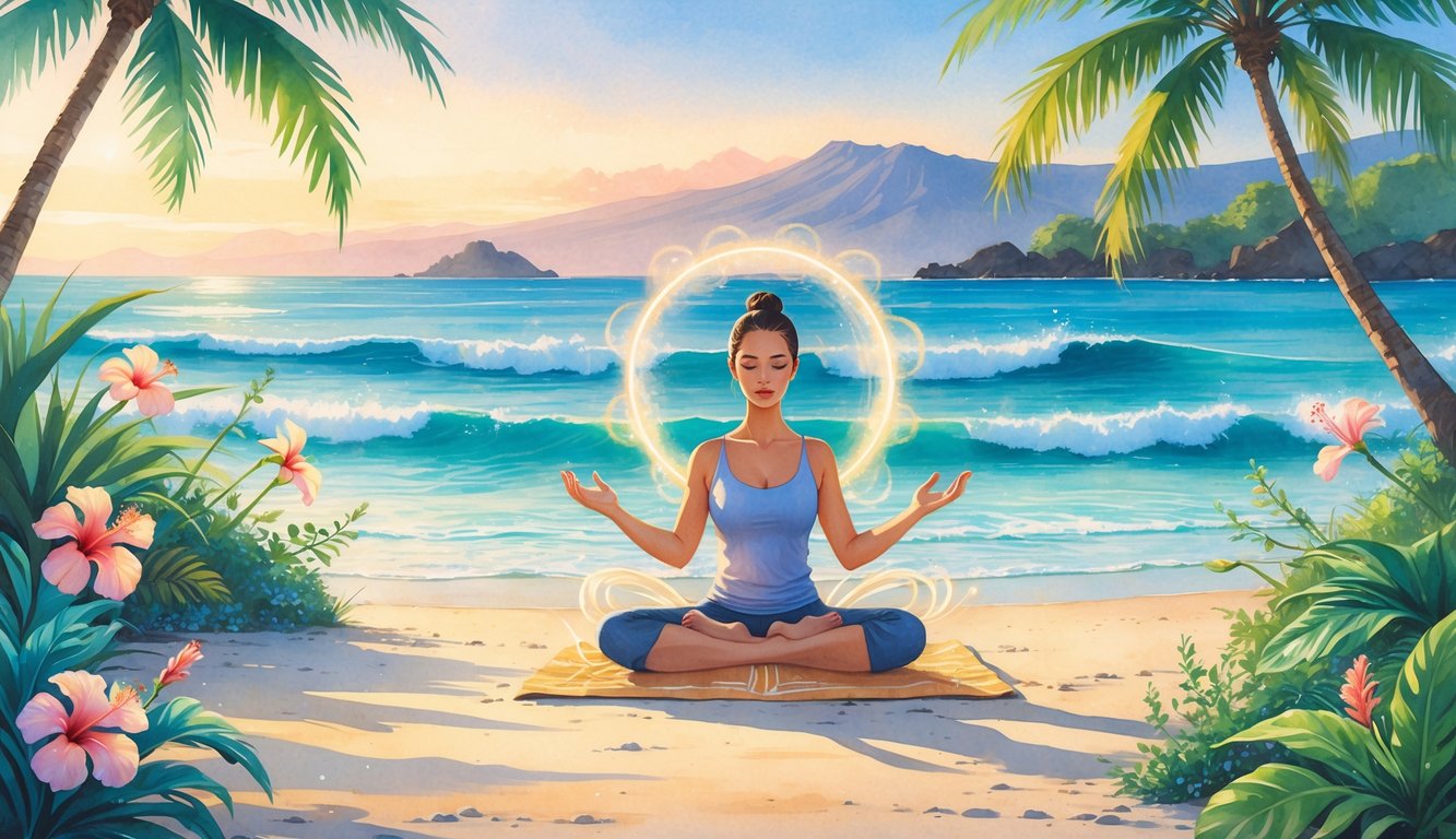 A person meditating on a Hawaiian beach at sunrise surrounded by tropical plants and calm ocean waves.