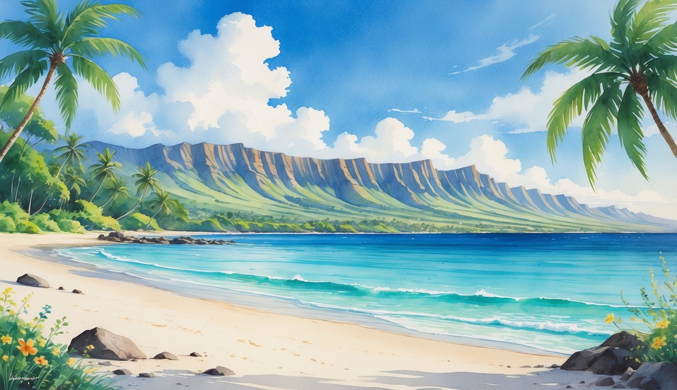 A quiet Hawaiian beach with white sand, turquoise water, palm trees, distant mountains, and colorful flowers under a clear blue sky.