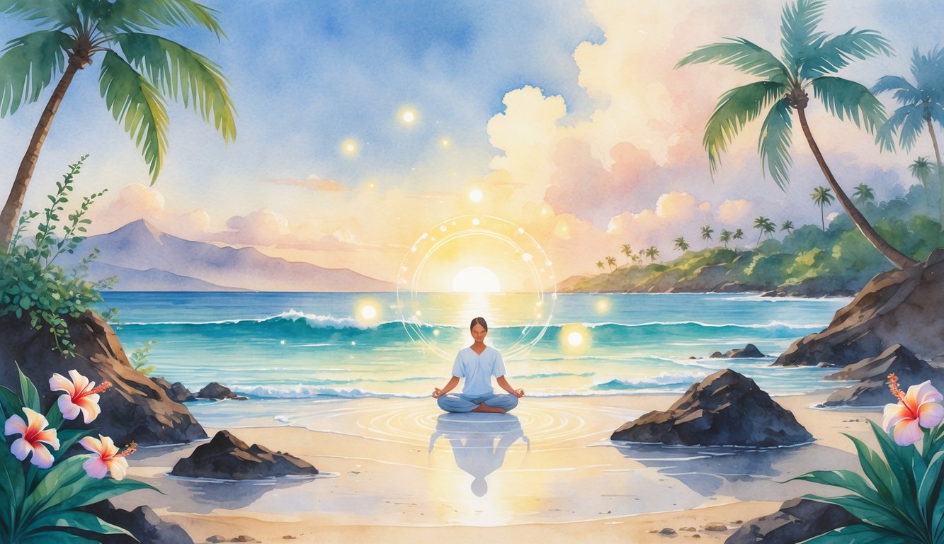 A peaceful Hawaiian beach at sunrise with a person meditating on rocks surrounded by tropical plants and flowers, with mountains and palm trees in the background.