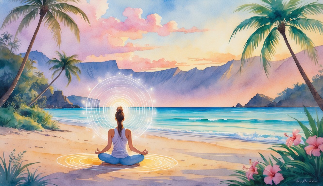 A person meditating on a Hawaiian beach at sunrise with tropical plants and mountains in the background.