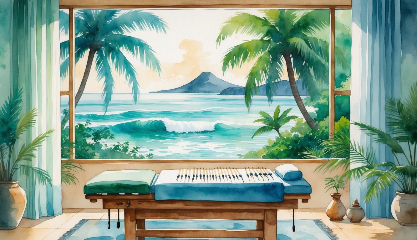 A peaceful room with a massage table, acupuncture needles, and tropical plants visible through large windows overlooking the ocean and distant mountains.