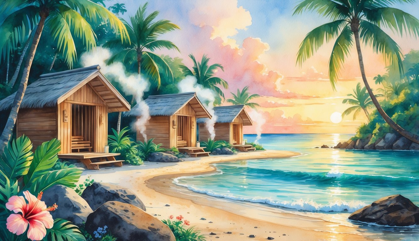 A peaceful tropical scene showing wooden sauna huts surrounded by palm trees and flowers near the ocean at sunset.