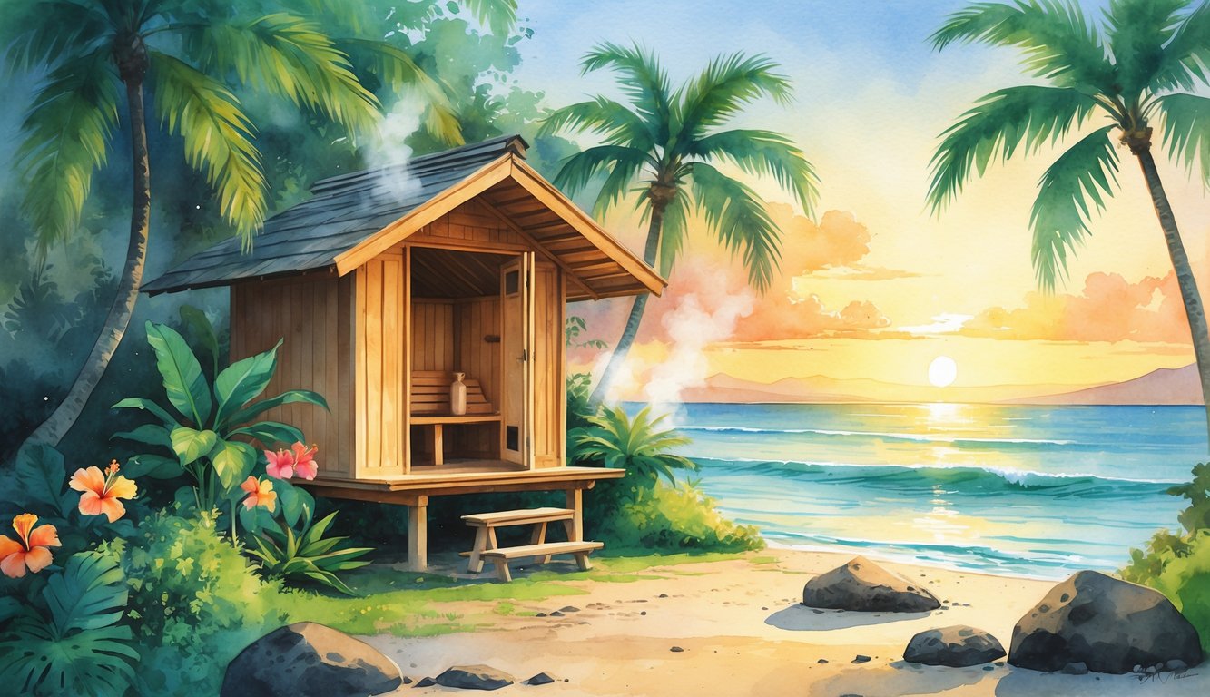 A small wooden sauna hut surrounded by tropical plants near the ocean at sunset.