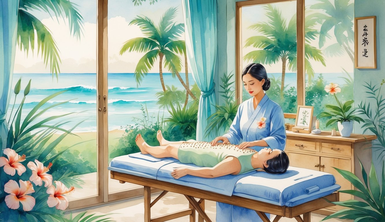 A peaceful acupuncture clinic room with a patient receiving treatment, tropical plants visible through windows, and Hawaiian decor creating a calming atmosphere.
